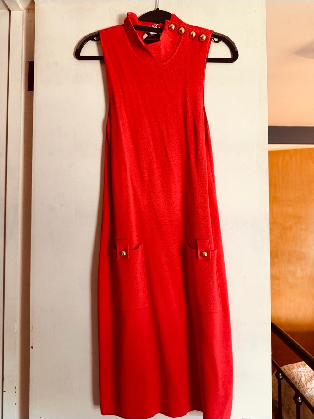 NWT Sleeveless Red Midi Dress with Gold Button Accents